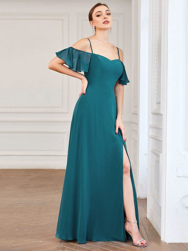 Stylish Cold Shoulder Flare Sleeves Flowy Bridesmaid Dress #color_Golden Roses ever REYA|Cold Shoulder High Slit Chiffon Wedding Guest Dress