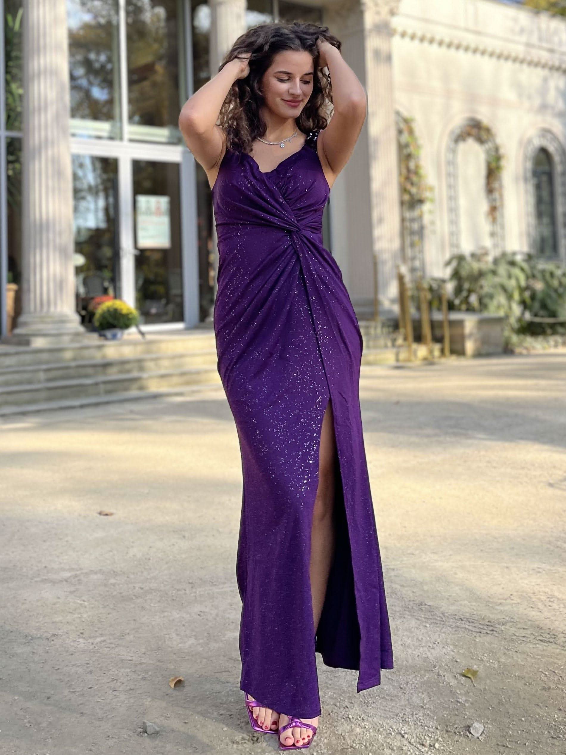 Glitter V-Neck High Slit Sequin Shoulder Strap Wedding Guest Dress #color_Dark Purple