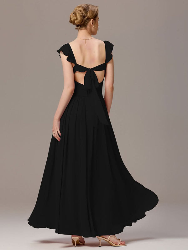 Back-Tie Pleated Ruffles Sleeves Maxi Bridesmaid Dress