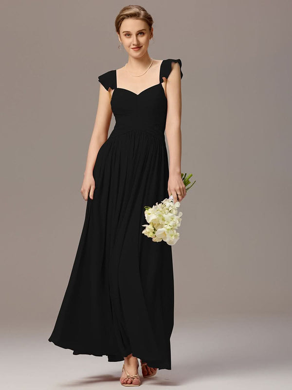 Back-Tie Pleated Ruffles Sleeves Maxi Bridesmaid Dress