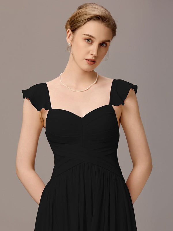 Back-Tie Pleated Ruffles Sleeves Maxi Bridesmaid Dress
