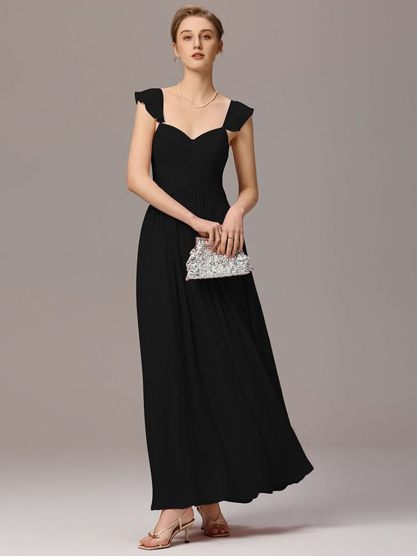 Back-Tie Pleated Ruffles Sleeves Maxi Bridesmaid Dress