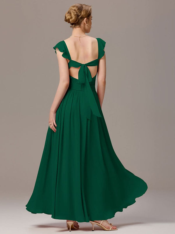 Back-Tie Pleated Ruffles Sleeves Maxi Bridesmaid Dress