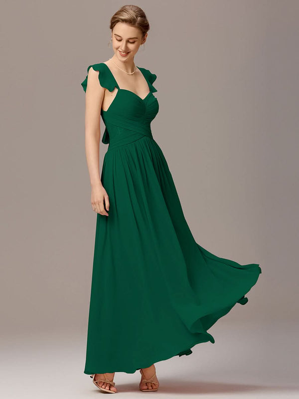 Back-Tie Pleated Ruffles Sleeves Maxi Bridesmaid Dress