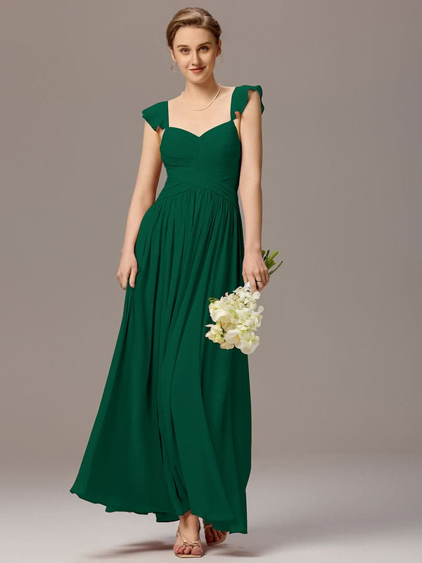 Back-Tie Pleated Ruffles Sleeves Maxi Bridesmaid Dress