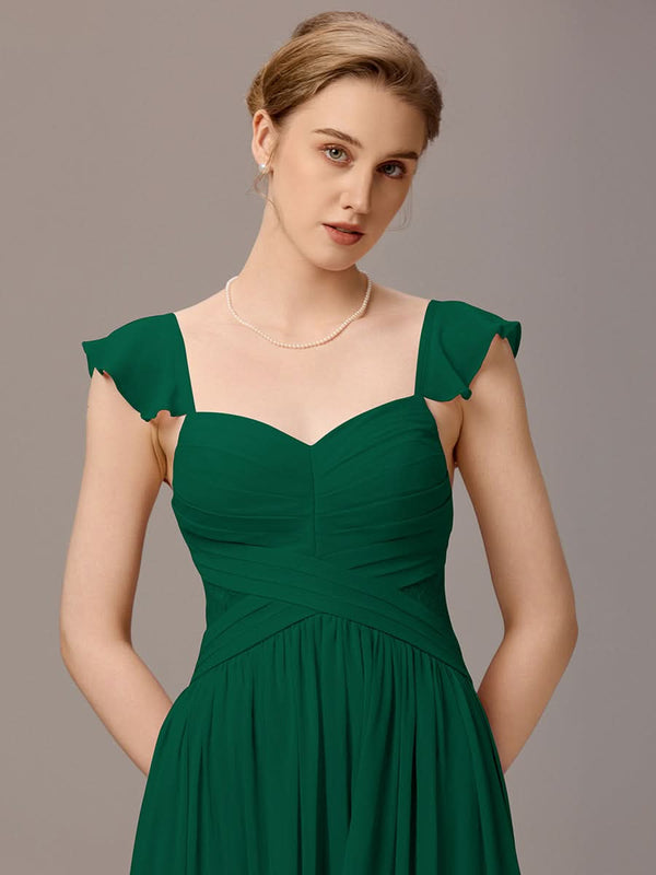 Back-Tie Pleated Ruffles Sleeves Maxi Bridesmaid Dress