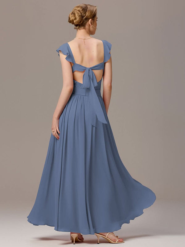 Back-Tie Pleated Ruffles Sleeves Maxi Bridesmaid Dress