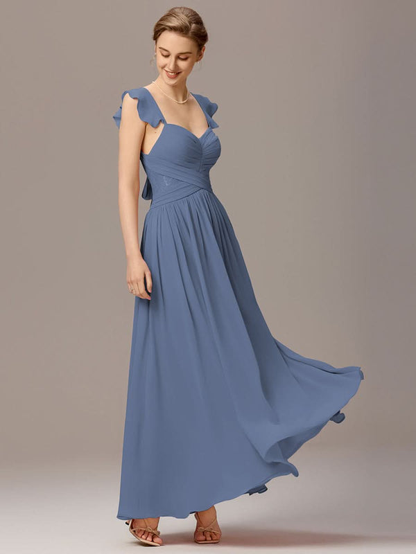 Back-Tie Pleated Ruffles Sleeves Maxi Bridesmaid Dress