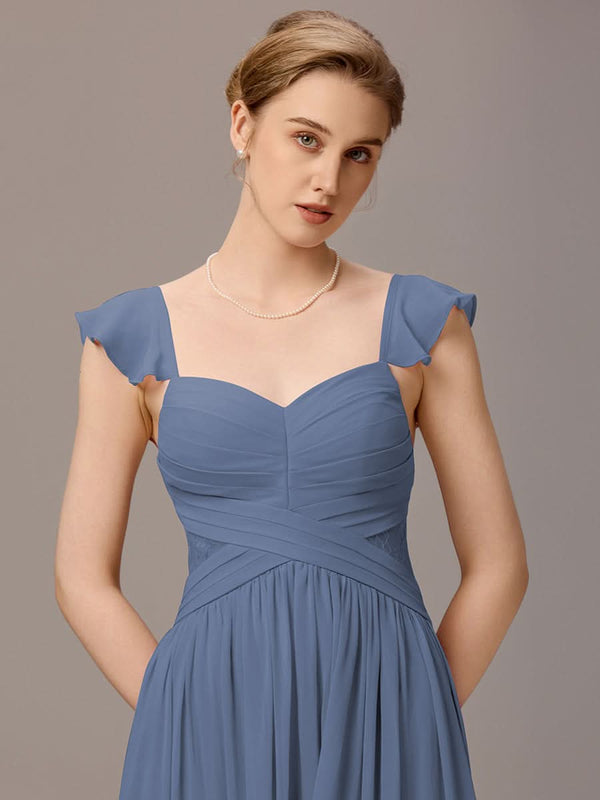 Back-Tie Pleated Ruffles Sleeves Maxi Bridesmaid Dress