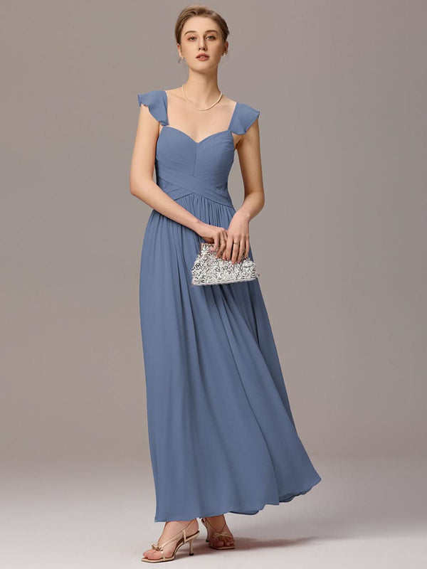 Back-Tie Pleated Ruffles Sleeves Maxi Bridesmaid Dress