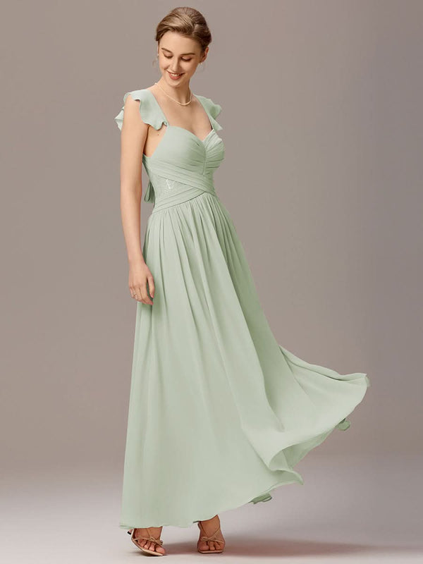 Back-Tie Pleated Ruffles Sleeves Maxi Bridesmaid Dress