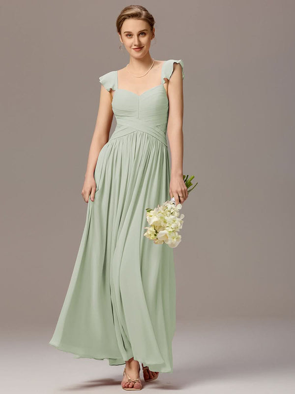 Back-Tie Pleated Ruffles Sleeves Maxi Bridesmaid Dress