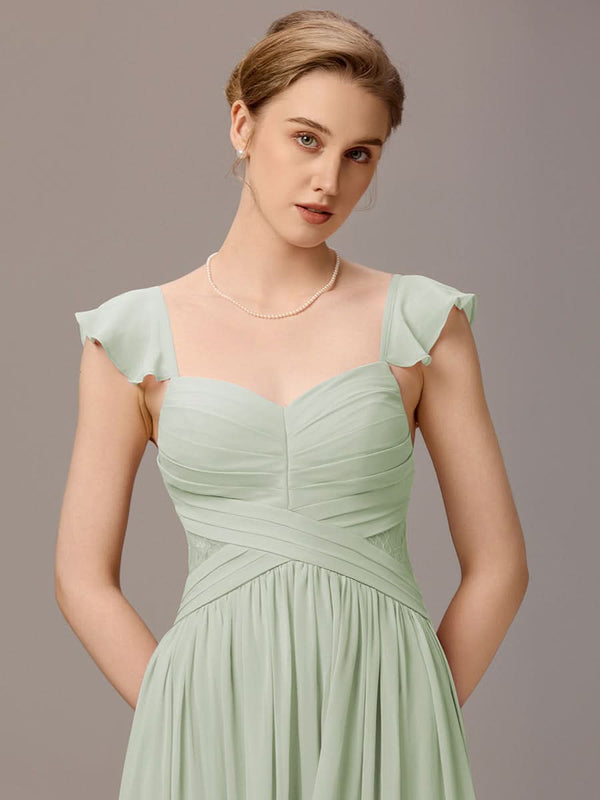 Back-Tie Pleated Ruffles Sleeves Maxi Bridesmaid Dress