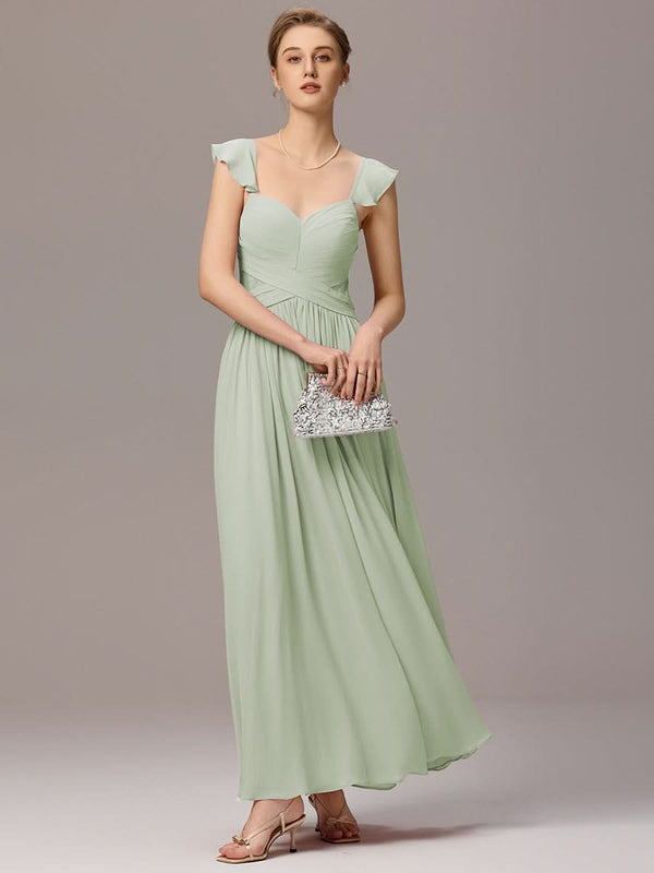 Back-Tie Pleated Ruffles Sleeves Maxi Bridesmaid Dress