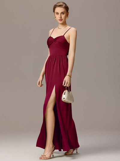 Satin Pleated Back-Tie Sleeveless Maxi Bridesmaid Dress