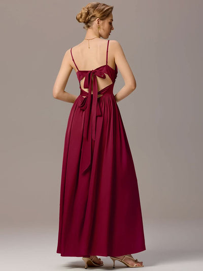 Satin Pleated Back-Tie Sleeveless Maxi Bridesmaid Dress #color_Burgundy