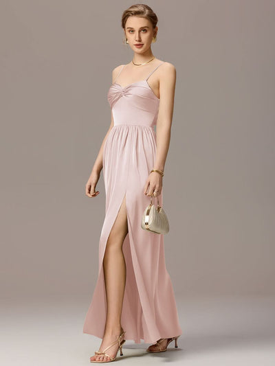 Satin Pleated Back-Tie Sleeveless Maxi Bridesmaid Dress #color_Pink