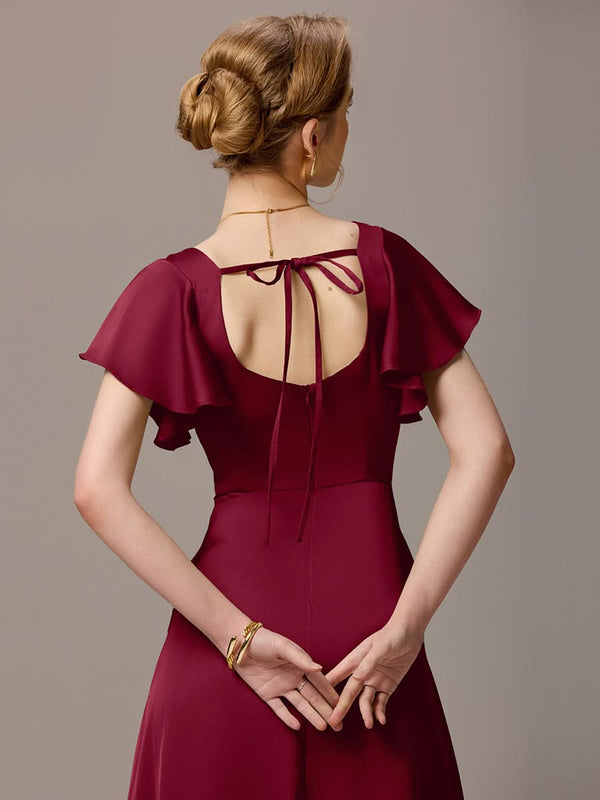 Satin Square Neck Short Sleeve Ruffled Maxi Bridesmaid Dress with Pockets