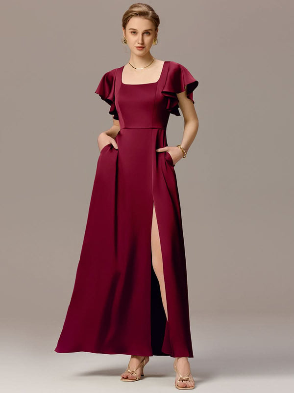 Satin Square Neck Short Sleeve Ruffled Maxi Bridesmaid Dress with Pockets