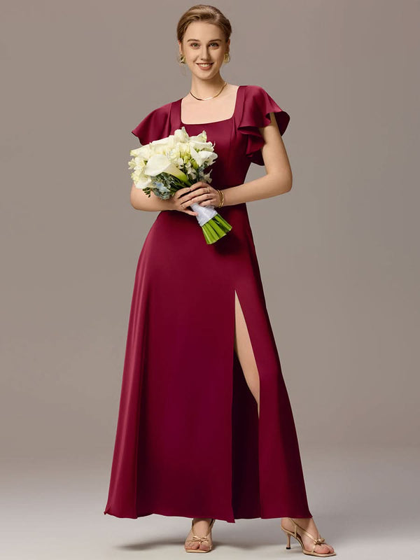 Satin Square Neck Short Sleeve Ruffled Maxi Bridesmaid Dress with Pockets