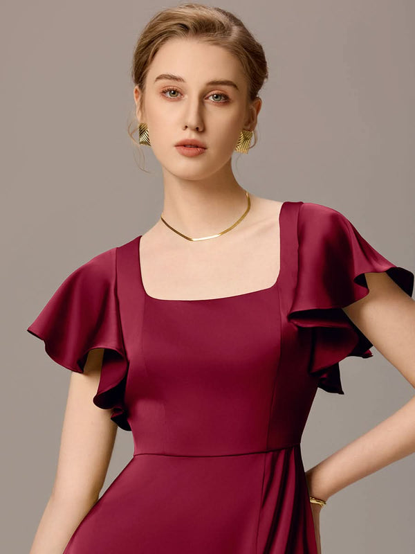 Satin Square Neck Short Sleeve Ruffled Maxi Bridesmaid Dress with Pockets