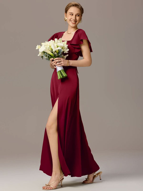 Satin Square Neck Short Sleeve Ruffled Maxi Bridesmaid Dress with Pockets