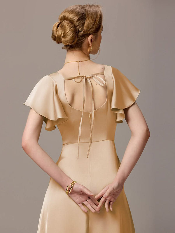 Satin Square Neck Short Sleeve Ruffled Maxi Bridesmaid Dress with Pockets