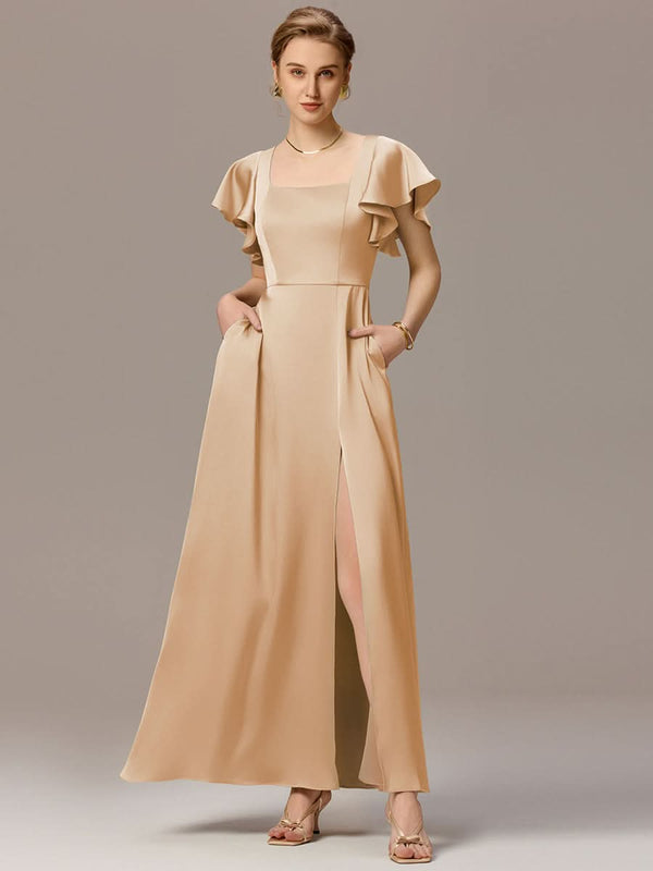 Satin Square Neck Short Sleeve Ruffled Maxi Bridesmaid Dress with Pockets