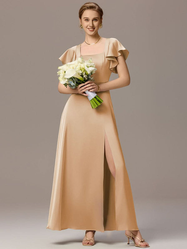 Satin Square Neck Short Sleeve Ruffled Maxi Bridesmaid Dress with Pockets