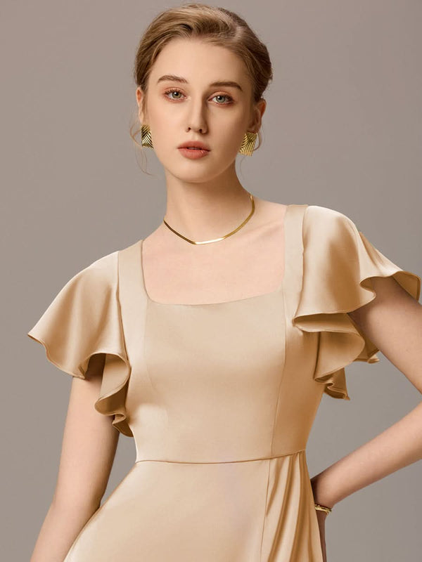 Satin Square Neck Short Sleeve Ruffled Maxi Bridesmaid Dress with Pockets