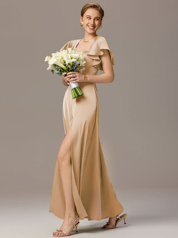 Satin Square Neck Short Sleeve Ruffled Maxi Bridesmaid Dress with Pockets