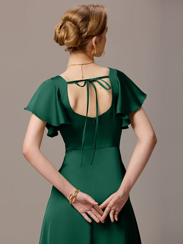 Satin Square Neck Short Sleeve Ruffled Maxi Bridesmaid Dress with Pockets