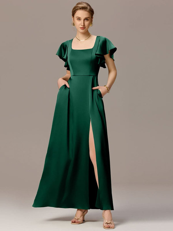 Satin Square Neck Short Sleeve Ruffled Maxi Bridesmaid Dress with Pockets