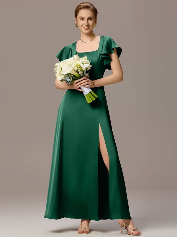 Satin Square Neck Short Sleeve Ruffled Maxi Bridesmaid Dress with Pockets