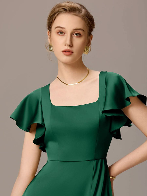 Satin Square Neck Short Sleeve Ruffled Maxi Bridesmaid Dress with Pockets