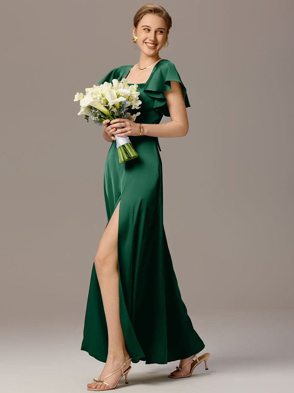 Satin Square Neck Short Sleeve Ruffled Maxi Bridesmaid Dress with Pockets