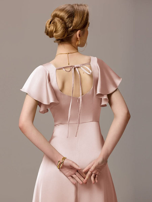 Satin Square Neck Short Sleeve Ruffled Maxi Bridesmaid Dress with Pockets