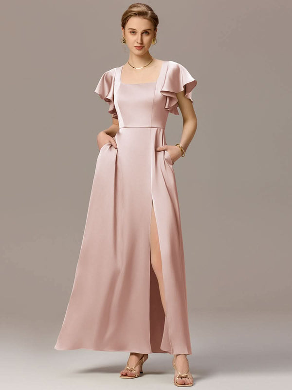 Satin Square Neck Short Sleeve Ruffled Maxi Bridesmaid Dress with Pockets
