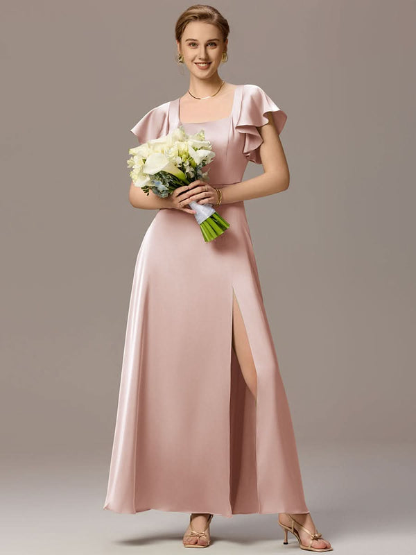 Satin Square Neck Short Sleeve Ruffled Maxi Bridesmaid Dress with Pockets