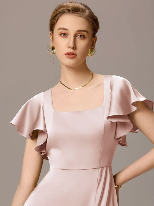 Satin Square Neck Short Sleeve Ruffled Maxi Bridesmaid Dress with Pockets
