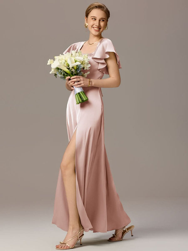 Satin Square Neck Short Sleeve Ruffled Maxi Bridesmaid Dress with Pockets