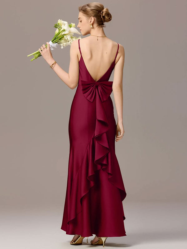 Mermaid Bow Stretch Satin Maxi Bridesmaid Dress