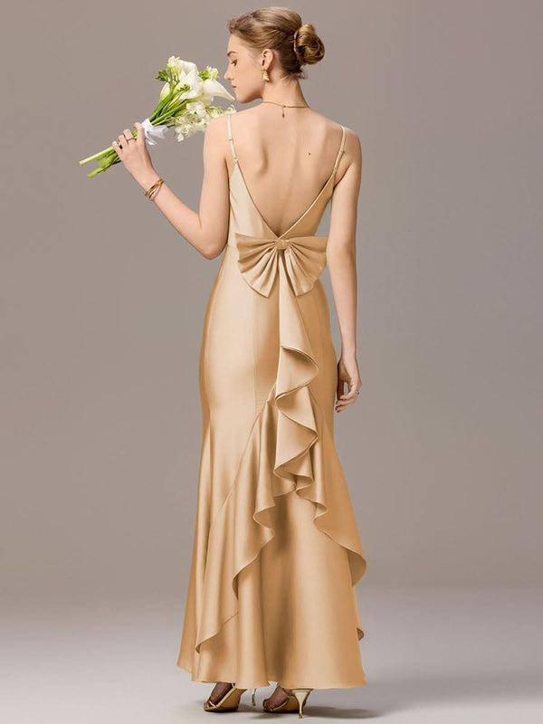 Mermaid Bow Stretch Satin Maxi Bridesmaid Dress
