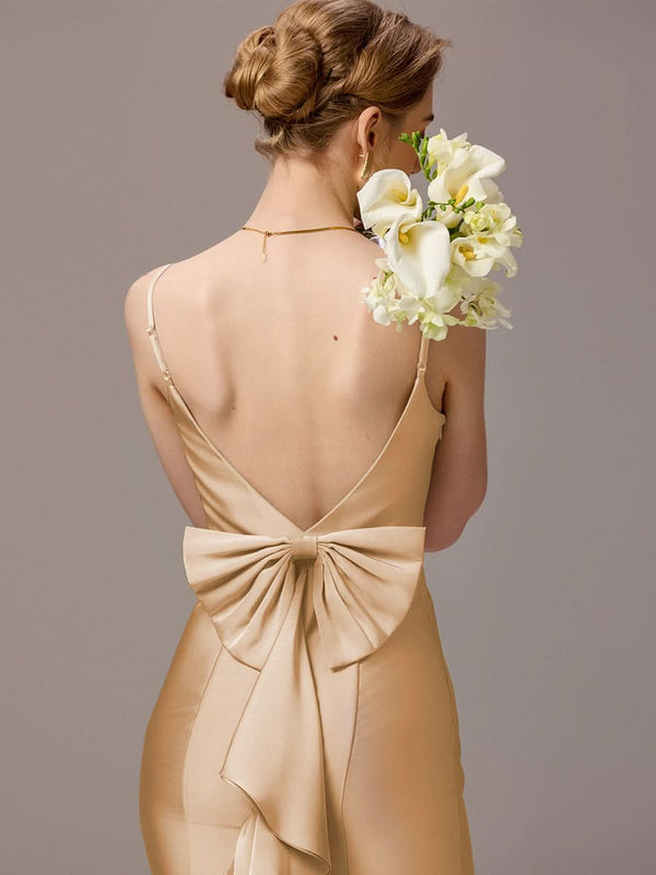 Mermaid Bow Stretch Satin Maxi Bridesmaid Dress