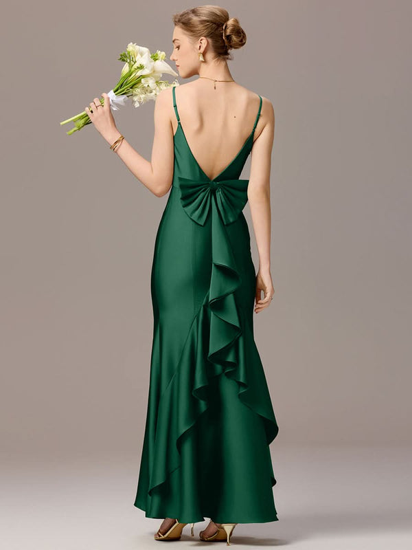 Mermaid Bow Stretch Satin Maxi Bridesmaid Dress
