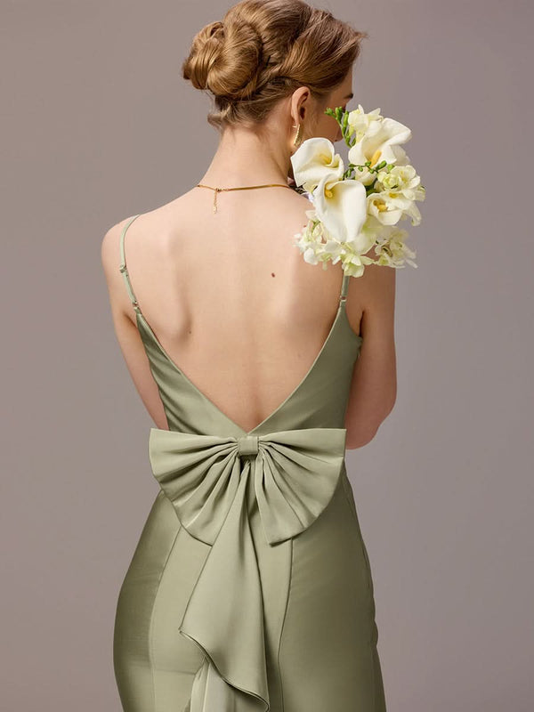 Mermaid Bow Stretch Satin Maxi Bridesmaid Dress