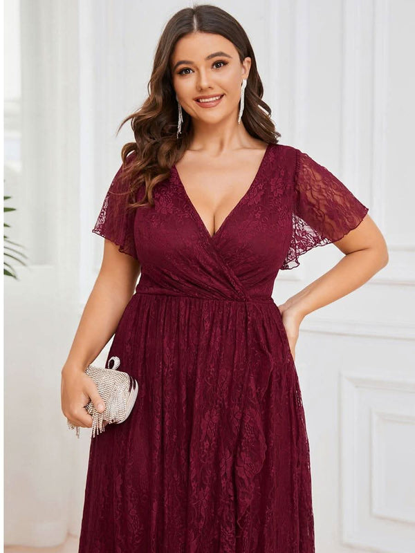 ever ELISE|Pleated V-Neck Short Sleeve Ruffled Lace Formal Mother of the Bride Dress