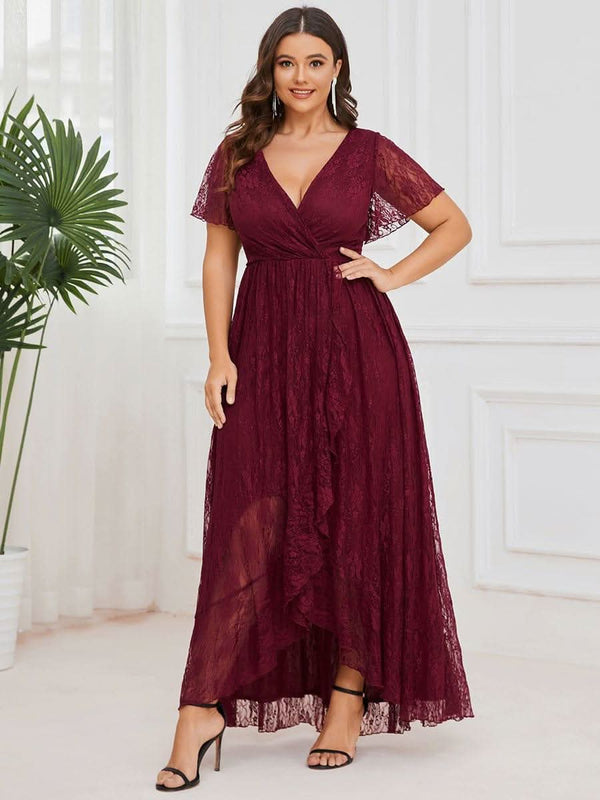 ever ELISE|Pleated V-Neck Short Sleeve Ruffled Lace Formal Mother of the Bride Dress