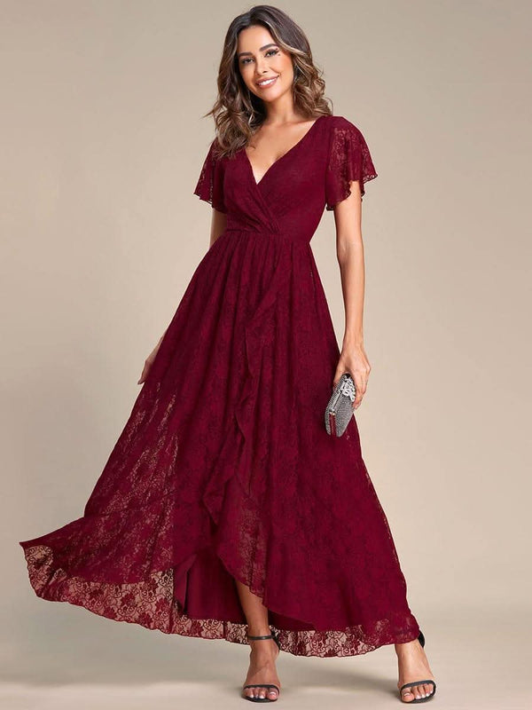 ever ELISE|Pleated V-Neck Short Sleeve Ruffled Lace Formal Mother of the Bride Dress