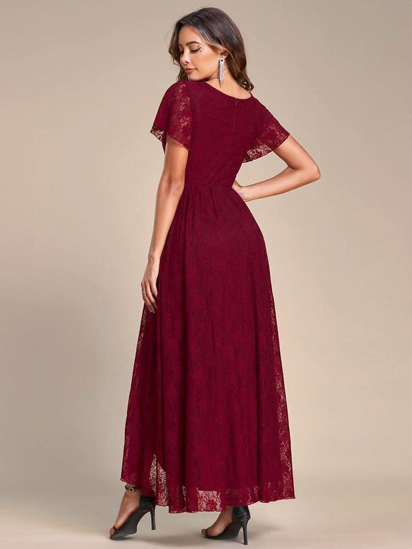 ever ELISE|Pleated V-Neck Short Sleeve Ruffled Lace Formal Mother of the Bride Dress